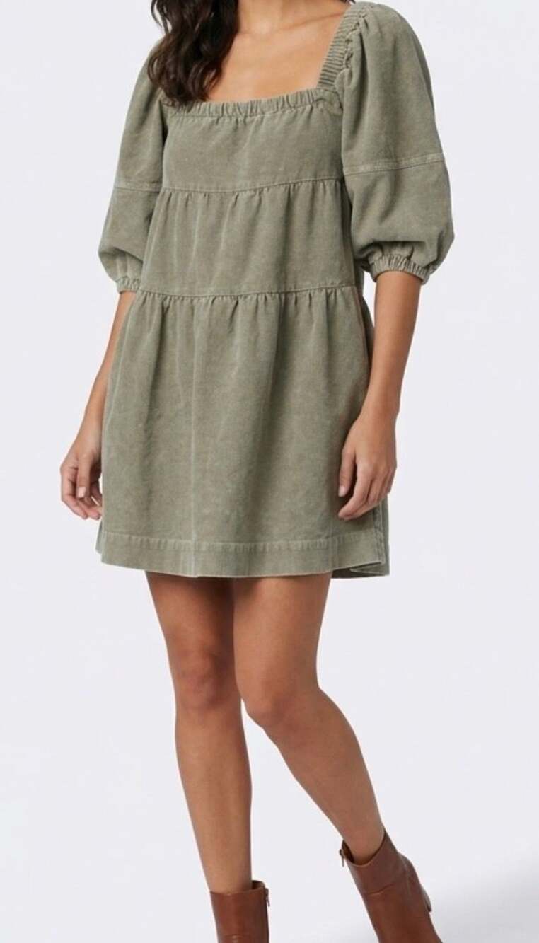 Nectar Clothing Corduroy Puff Sleeve Tiered Babydoll Mini Dress Olive L